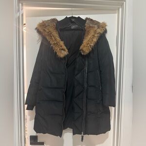 Mackage Black Down Puffer Coat with Fur-Trim Hood – Size M